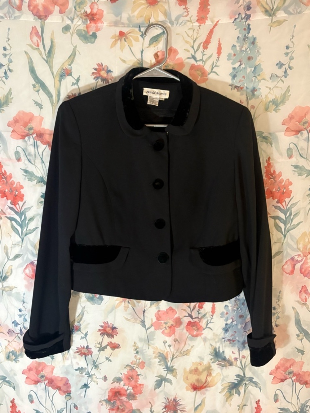 Vintage Black Cropped Velvet-Trim Jacket